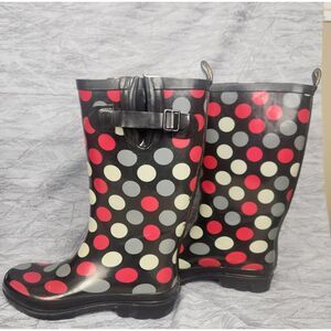 Women's Poka Dot Rain Boots Black Red Gray Size 7 Gorpcore Outdoors Kidcore Prep